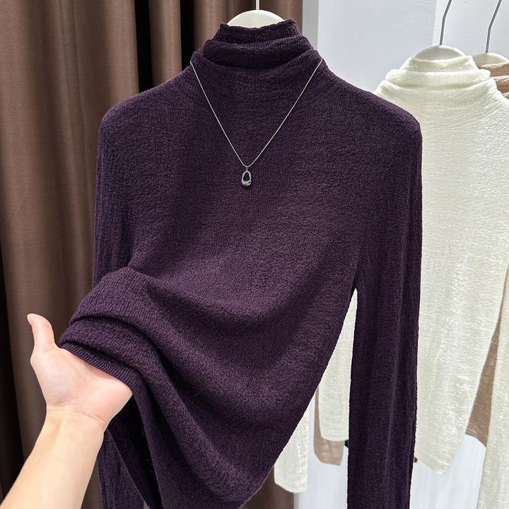 超好看紫色高领针织衫女洋气修身打底衫内搭精致减龄长袖t恤上衣