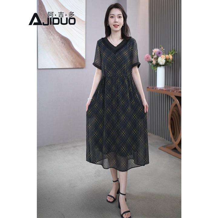A22951大码复古格纹短袖连衣裙女夏季宽松洋气V领设计气质格子裙