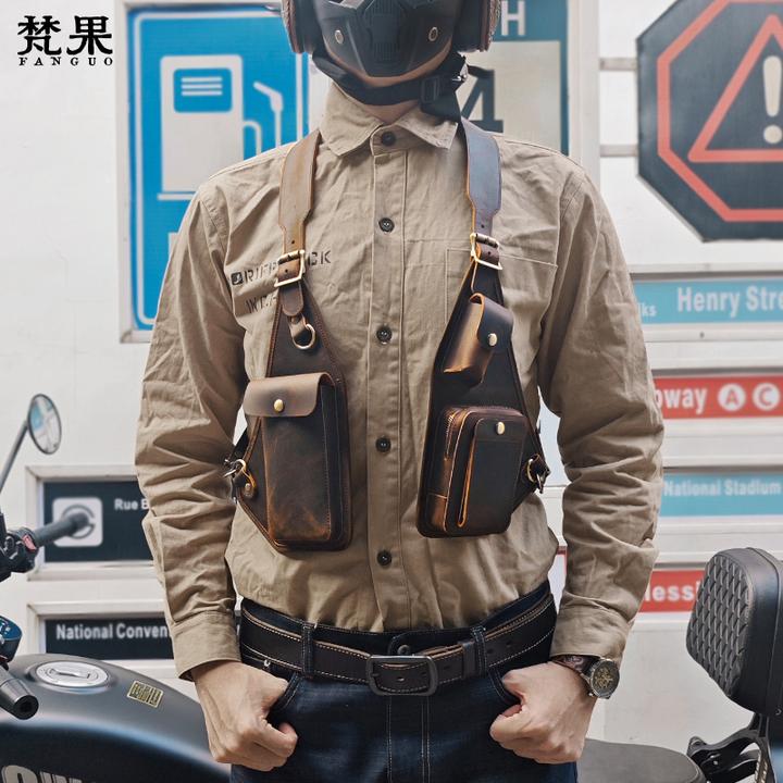 头层牛皮复古背带腋下挎包手工真皮机车包机能工装马甲男士胸包潮