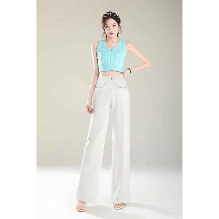 悉妍轻奢 原创白色夏季薄款高腰筒叭牛仔女裤时尚显气质凉爽889