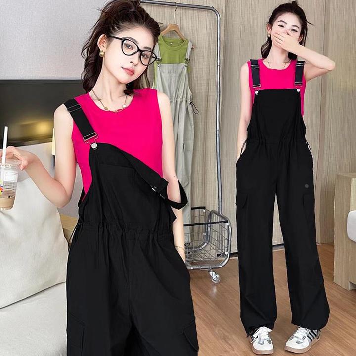 美式工装休闲背带裤女2024夏季新款宽松百搭时尚设计感连体束脚裤