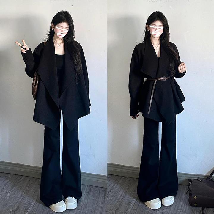 025新款秋秋季韩系高级感黑色翻领针织开 衫毛衣外套女早秋小个子