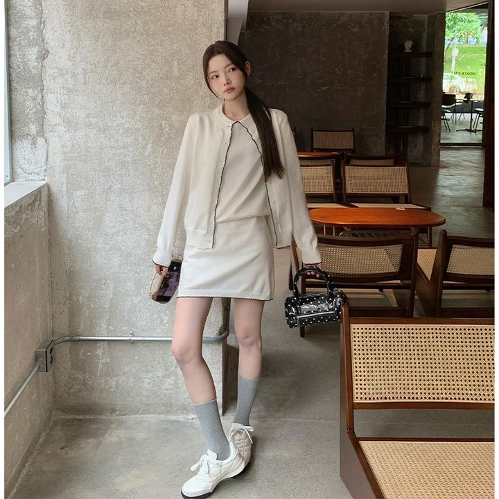 2025早秋新款女韩系穿搭花边长袖开衫修身翻领上衣高腰显瘦半身裙