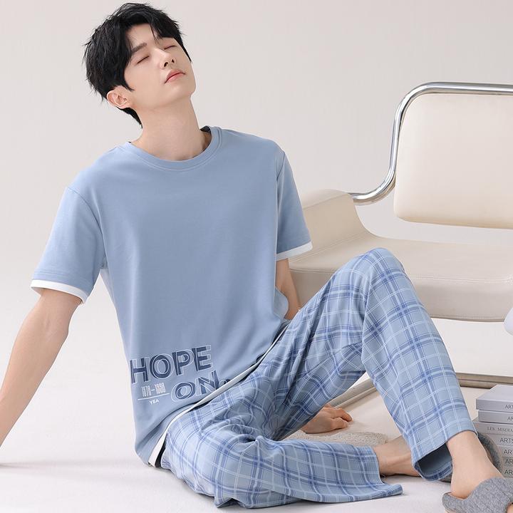 100%纯棉男士睡衣青年大码夏天两件套家居服居家高级感短袖长裤