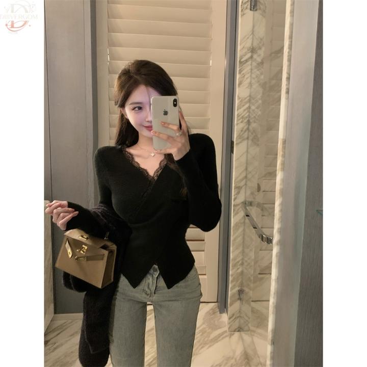 韩系设计黑色蕾丝交叉v领针织衫女早秋2025新款修身开叉短款上衣