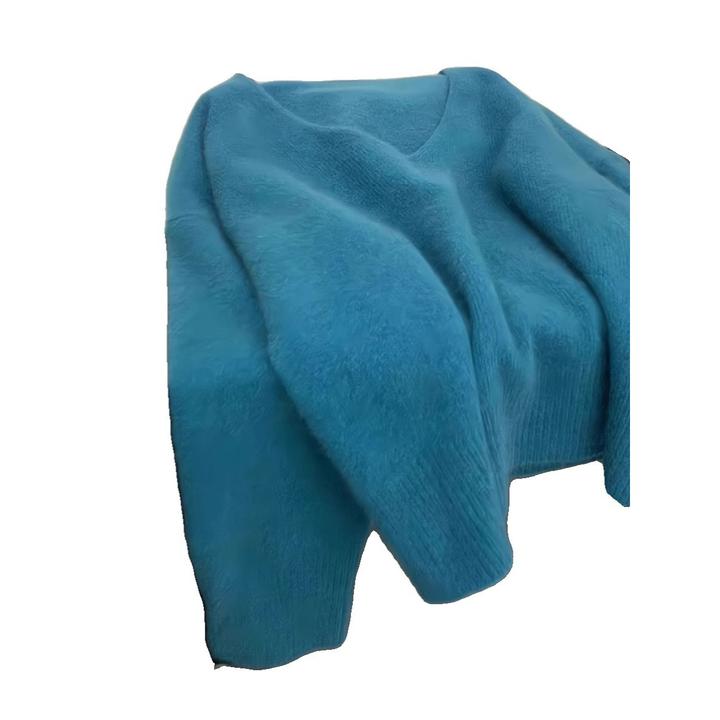 浣熊绒蓝色v领毛衣针织衫女秋冬外穿宽松慵懒风软糯短款套头上衣