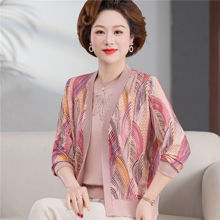 气质妈妈秋装针织两件式上衣中老年女开衫薄外套春秋洋气时尚套装