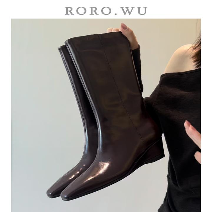 娆娆吴·真皮欧美风极简设计感方头中筒靴冬季新款坡跟骑士靴女Z85
