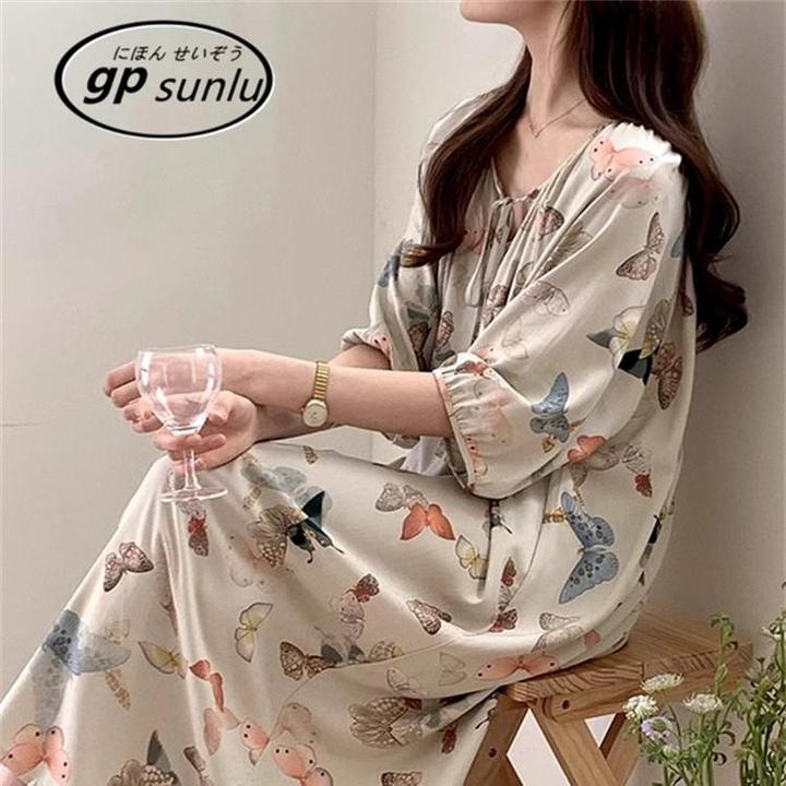 日本GP棉绸睡裙女夏季薄款清冷系蝴蝶国风新中式可外穿长款家居裙