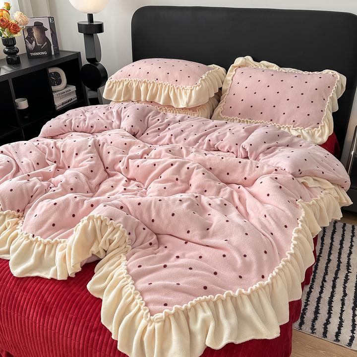 法式花边牛奶绒加厚床盖四件套冬季韩式高克重双面绒被套防滑被罩