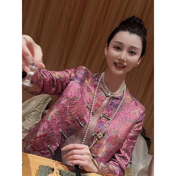 新中式女装桑蚕丝织锦提花外套女024高级感国风高端唐装盘扣上衣