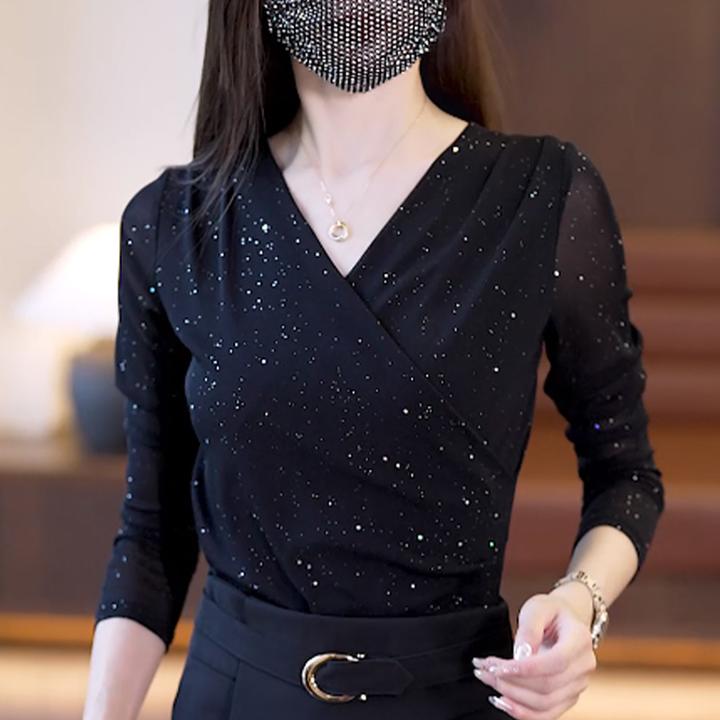 秋季新款网纱打底衫洋气显瘦高级感内搭V领长袖上衣百搭气质小衫