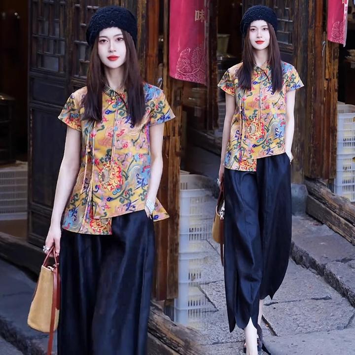 La babite新中式国风套装女2025夏时尚短袖上衣设计休闲裤两件套
