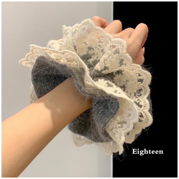 韩系灰色兔毛蕾丝针织大肠发圈女慵懒风扎头发超大号发饰头绳秋冬