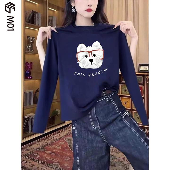 M012025新款正肩纯棉长袖t恤女时尚百搭藏青色内搭打底衫上衣秋冬