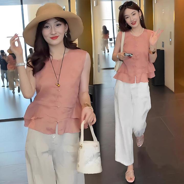 新中式时尚套装女2025夏新款洋气荷叶边无袖上衣阔腿裤气质两件套