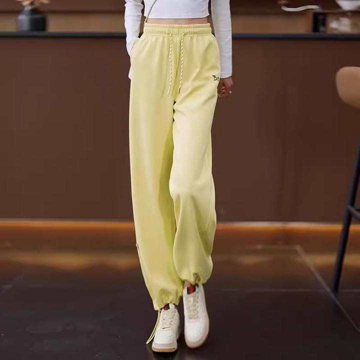 休闲运动裤女2025年春季新款松紧高腰宽松显瘦刺绣直筒束脚卫裤子