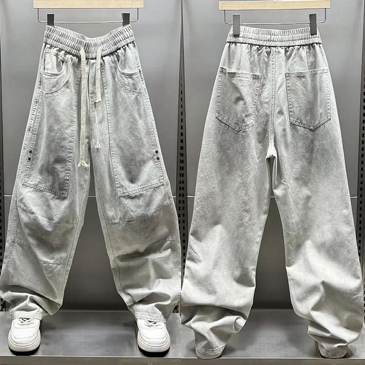 【BAOA】夏季爆款拖地水洗休闲裤痞帅阔腿做旧脏脏裤男士直筒长裤子