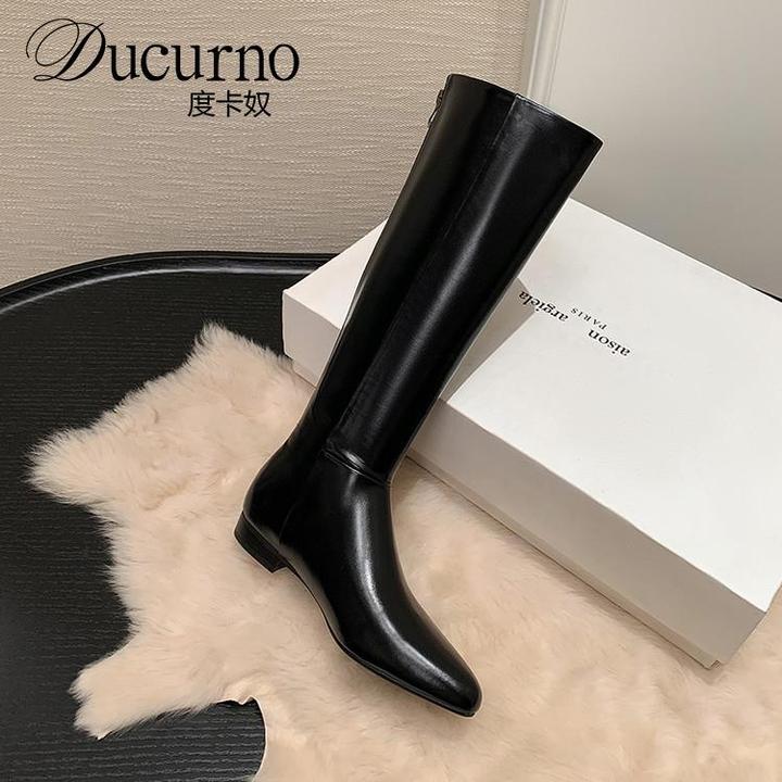 法式极简~高级感黑色复古风骑士靴女不过膝尖头平底真皮高筒长靴