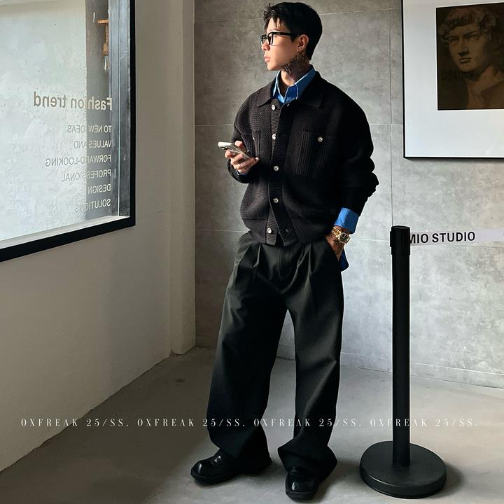 OXFREAK「肌理提花 口袋设计」老钱重磅黑色开衫毛衣男翻领针织衫