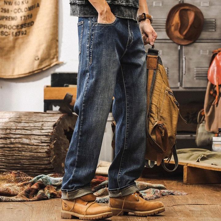 美式高端复古加绒牛仔裤男新款潮牌宽松直筒弹力水洗休闲长裤子男