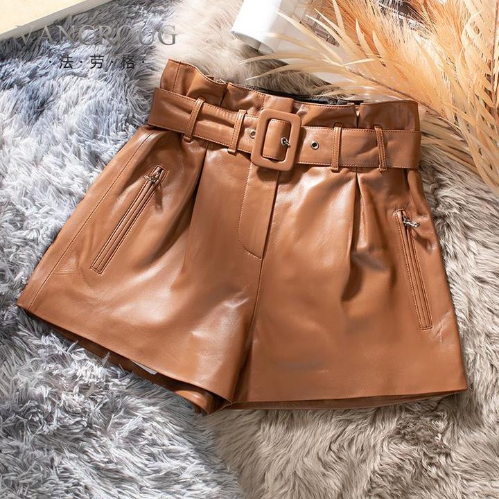 法劳格海宁皮革城黑色绵羊皮高腰小短裤真皮女皮裤春秋外穿2025阔