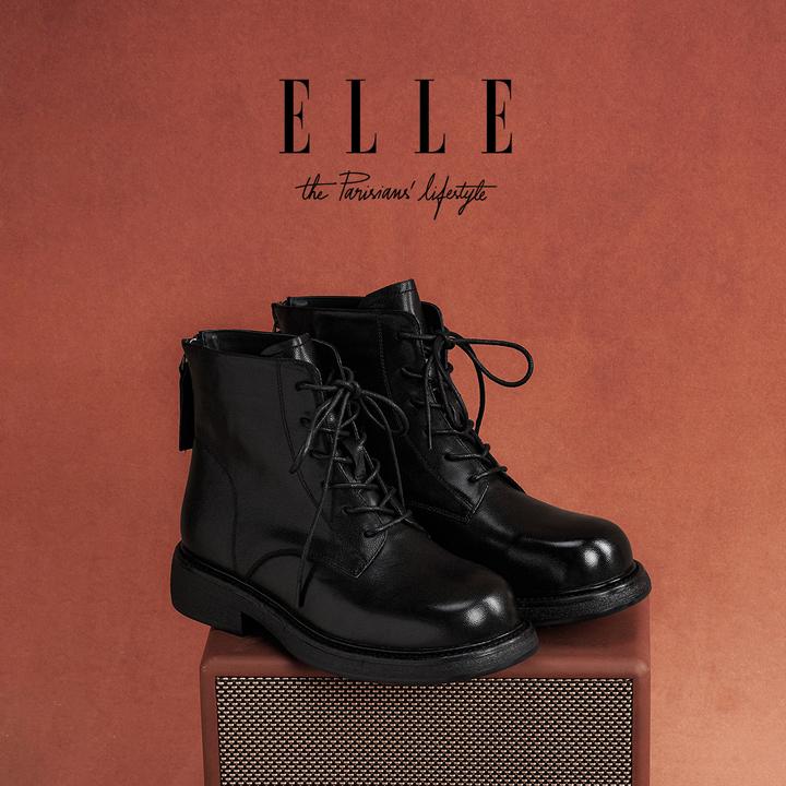 ELLE百搭系带复古英伦风马丁靴女2025新款美拉德靴子真皮厚底短靴