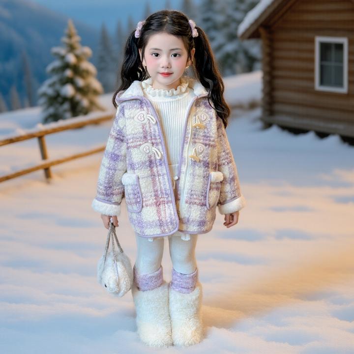 女童冬季新款皮毛一体外套加绒加厚2025新款呢子大衣韩版炸街冬装