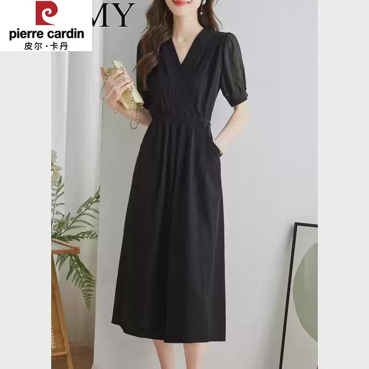 皮尔卡丹夏季新款高级感黑色雪纺连衣裙V领气质口袋系带收腰