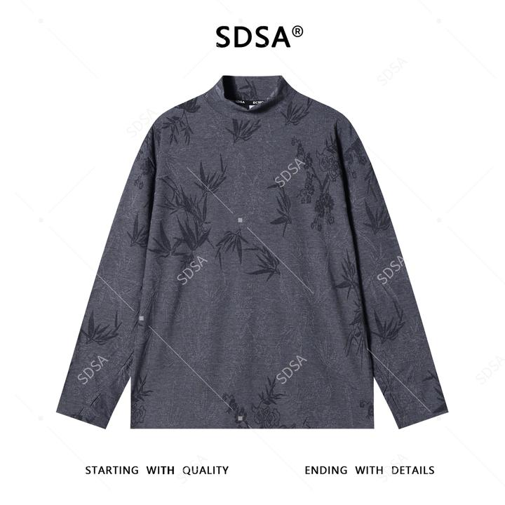 SDSA男士秋冬新款痞帅男装潮牌撞色植物花卉半高领长袖T恤简约潮