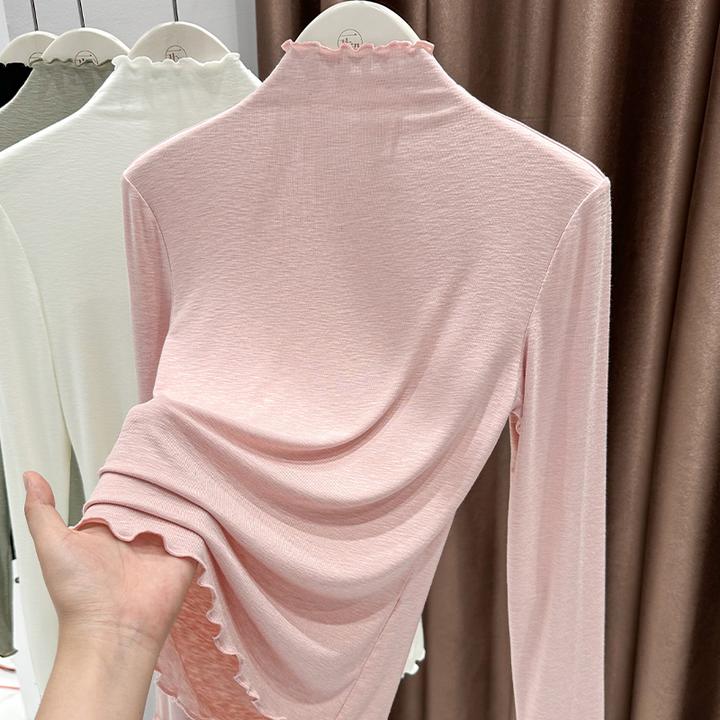 2025秋季新款法式半高领长袖上衣女甜美粉色木耳边T恤洋气打底衫
