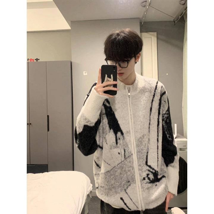 美式复古扎染毛衣男秋季慵懒风开衫外套潮牌针织衫毛线衣