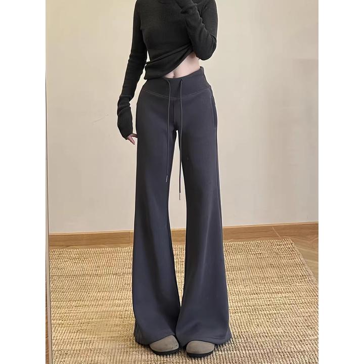 小个子Lulu深灰色微喇卫裤女秋新款加绒休闲运动裤修身显瘦拖地裤