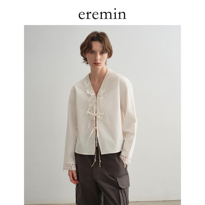 DE Mincollection花边衬衫/特种机重工镂空刺绣棉质绑带衬衫55675