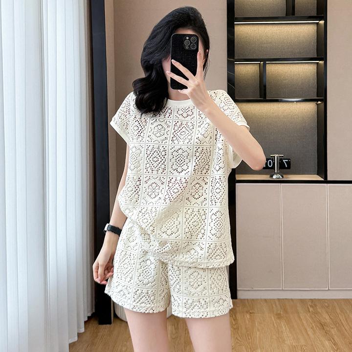 镂空短袖上衣运动短裤两件套女夏季2025夏装新款时尚减龄休闲套装