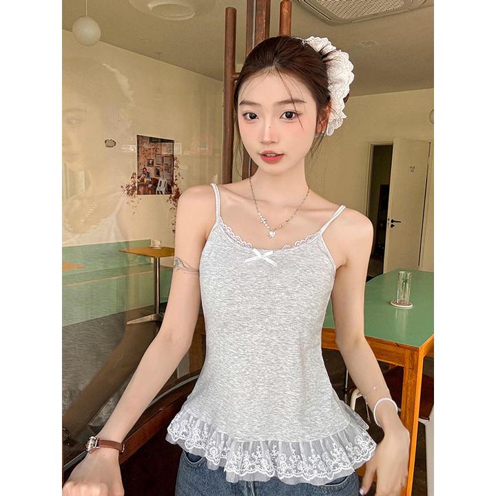 灰色蕾丝蝴蝶结花边下摆吊带背心女春夏季清纯好看收腰美背上衣