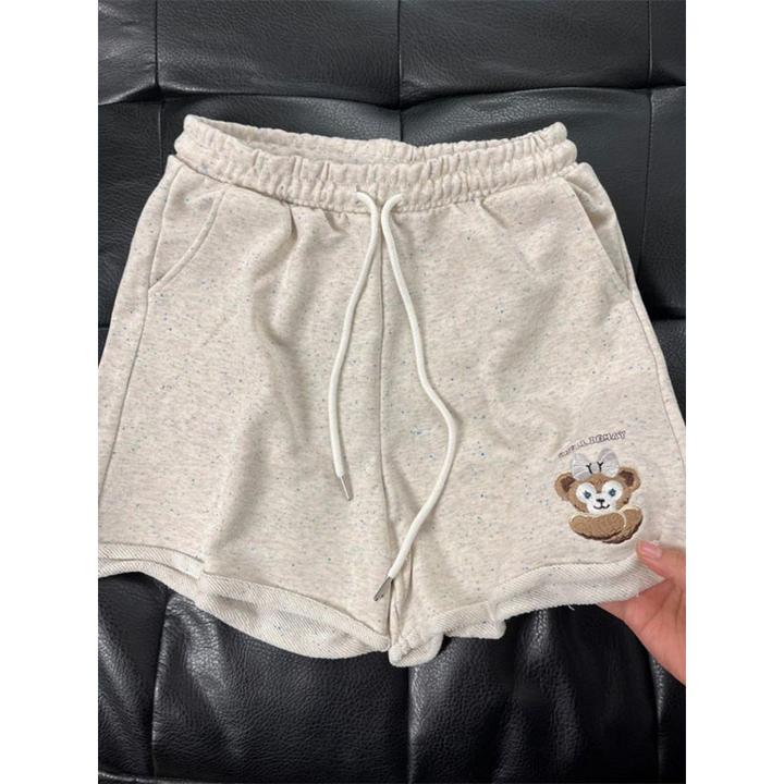 奶fufu创意彩点小熊刺绣短裤女夏季设计感慵懒宽松显瘦运动五分裤