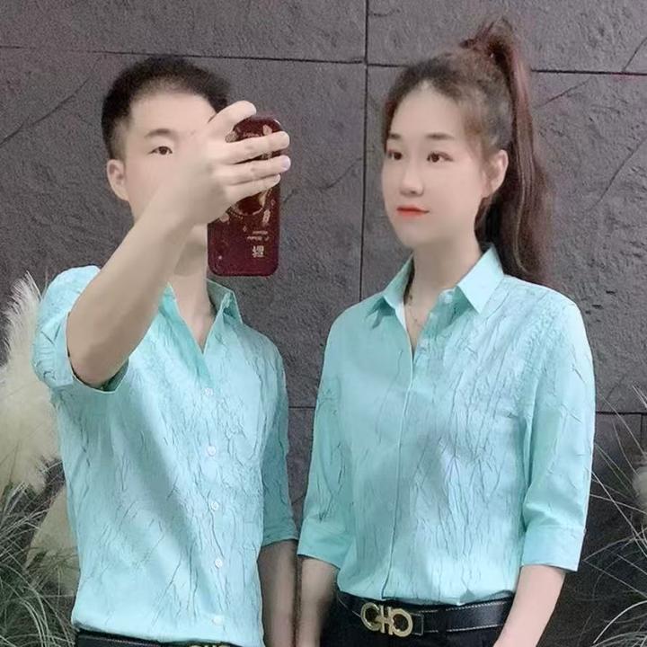 夏季新款网红情侣同款时尚修身百搭潮流韩版五分袖显瘦中袖衬衫
