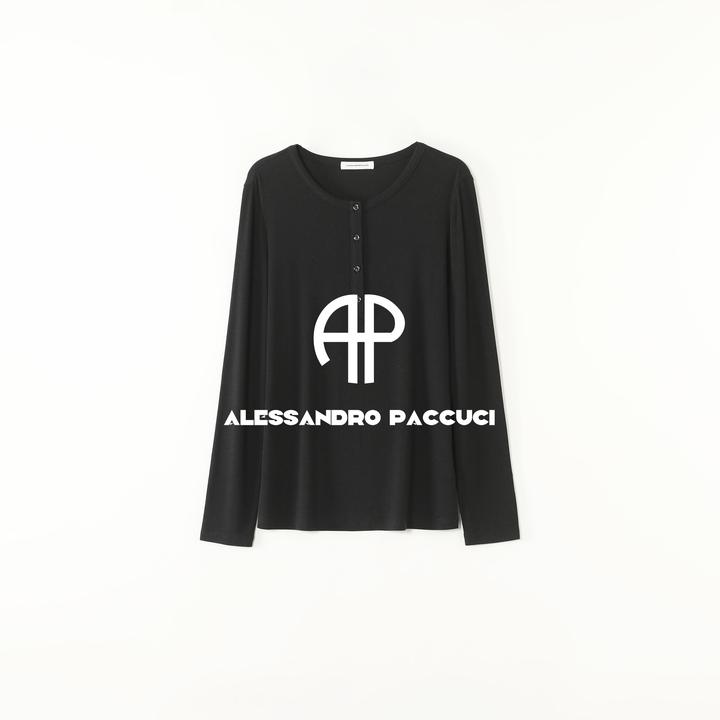 AP洛哥53144TT【半开襟】莱赛尔+山羊绒罗纹贝壳扣长袖时尚百搭T恤