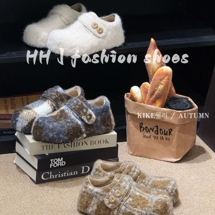 秋冬毛呢勃肯鞋2025新款内增高格纹高级感小众包头鞋懒人加绒单鞋