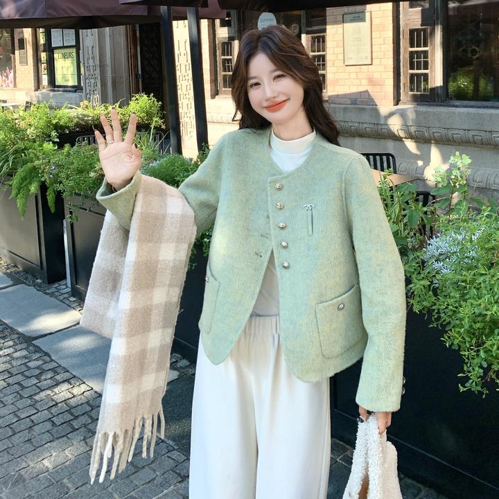 绿色短款双面绒子大衣女2025新款爆款秋冬超好看高端小香风厚外套