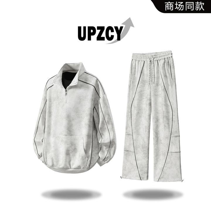 UPZCY美式扎染卫衣套装男春秋潮流痞帅翻领上衣结构设计感休闲裤