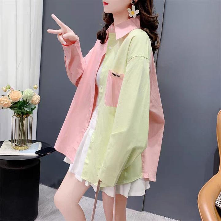 设计感减龄拼色衬衫外套女春季服装年新款宽松小清新别致长袖上衣