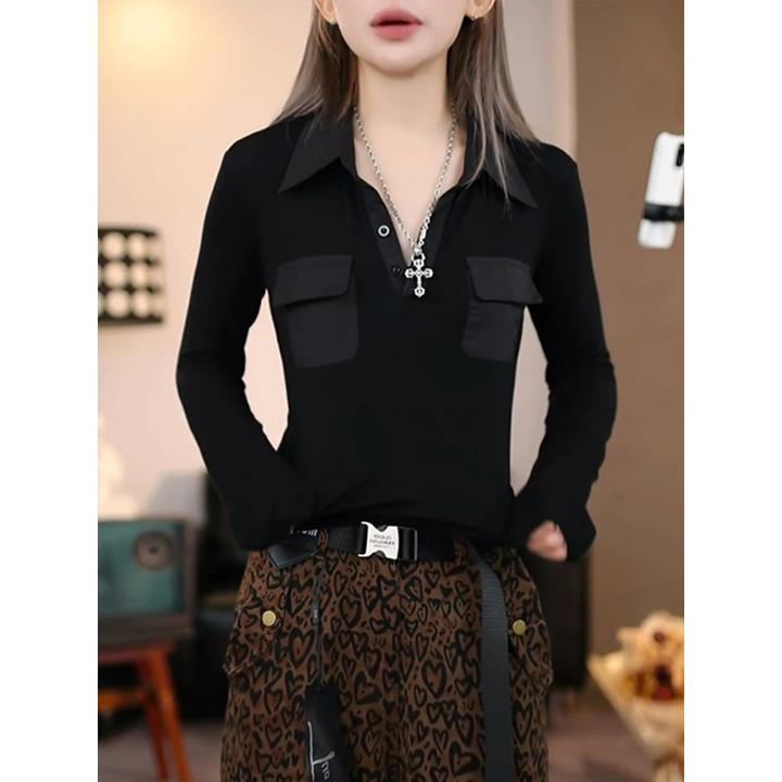 欧货独特漂亮白色长袖T恤女秋季设计感内搭修身打底衫polo领上衣