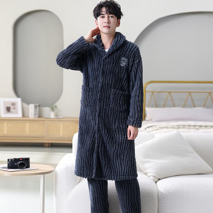 中老年爸爸睡衣男冬季加厚加绒珊瑚绒大码加长款睡袍男士洗浴睡衣