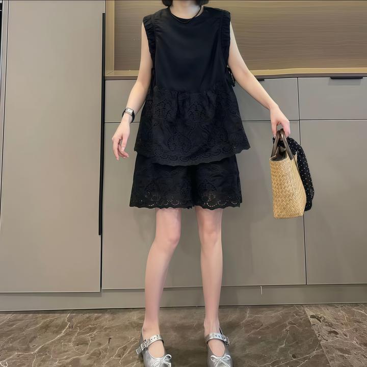 时尚钩花刺绣时尚套装女2025夏季大码胖MM高级感上衣+短裤两件套