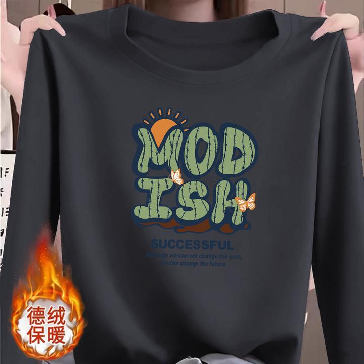 胖mm爆款减龄大码女不规则弧形下摆别致高档印花圆领长袖2025新款