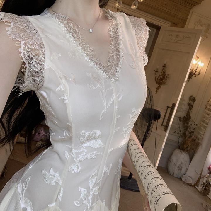 【雅乔定制】月影幻纱 蕾丝拼接刺绣V领无袖连衣裙DYTH-25063849