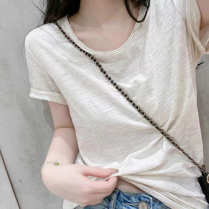 II新款白色短袖T恤百搭夏季圆领洋气打底韩版设计感微胖遮肚子大