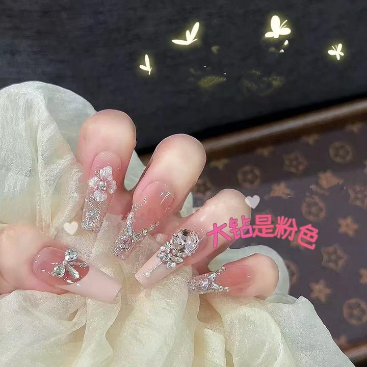 【花漾蝶仙】纯手工穿戴甲粉色玫瑰花钻款高级感显白纯手作美甲贴